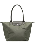 Dark Green Women's Foldable Nylon Tote Bag with Leather Trim - Logo Detail