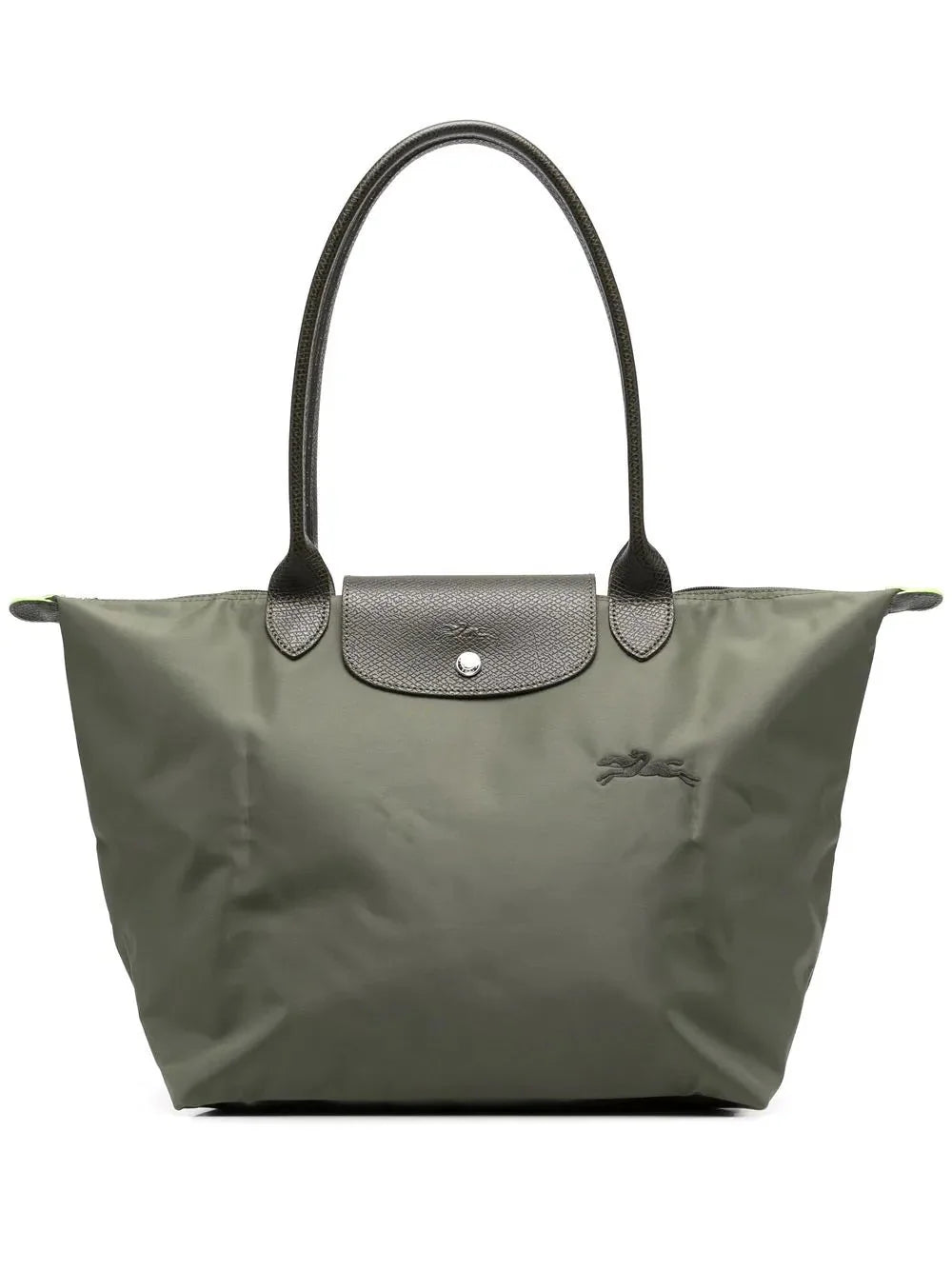Dark Green Women's Foldable Nylon Tote Bag with Leather Trim - Logo Detail