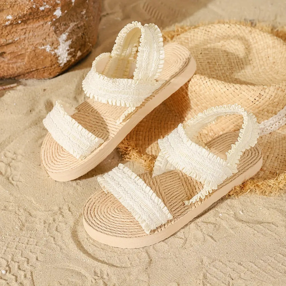 Cream Women's Abbie Platform Sandals — Bree Frayed Strap Raffia - Side Pose