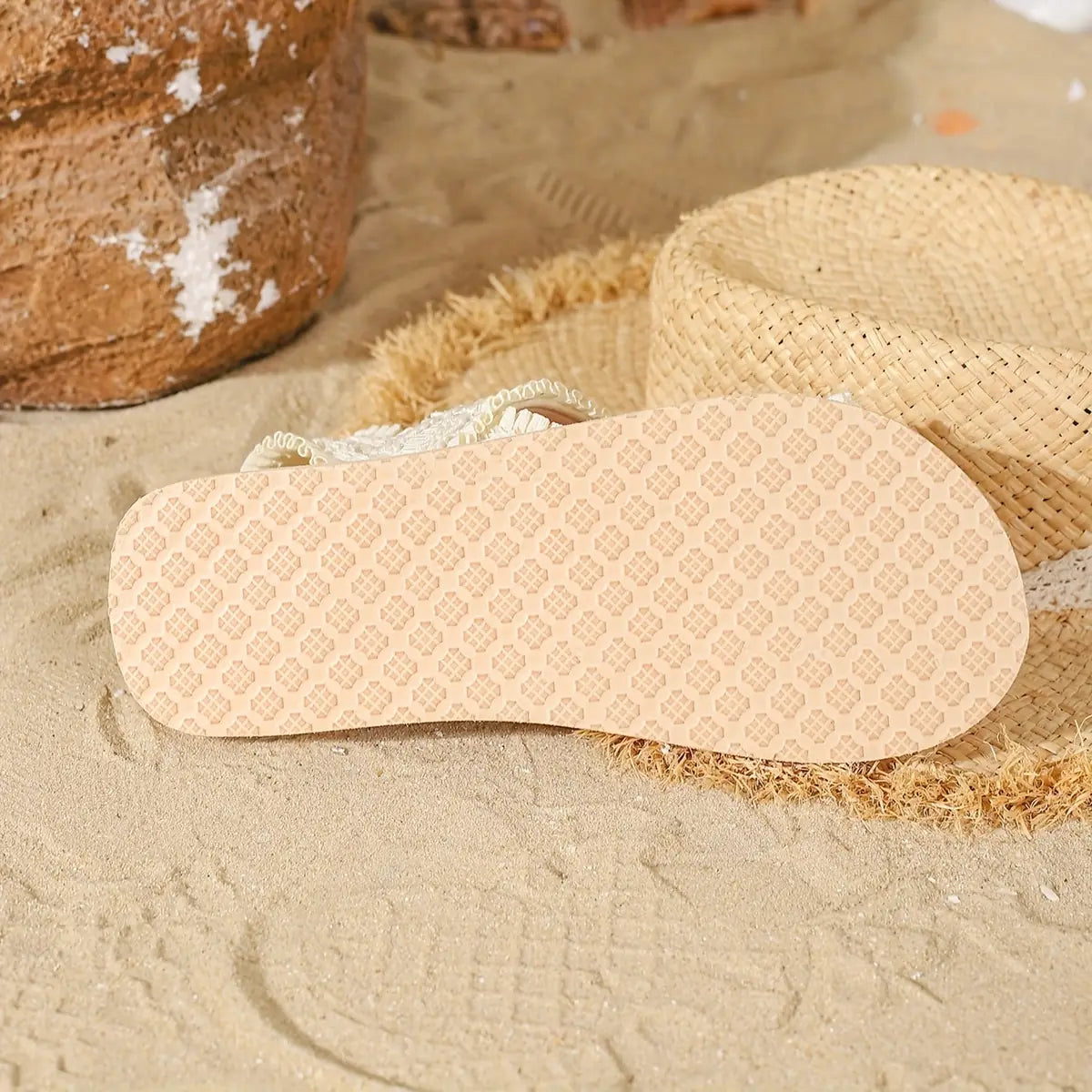 Cream Women's Abbie Platform Sandals — Bree Frayed Strap Raffia - Sole Detail