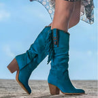 Blue Women's Suede Fringe Knee High Cowboy Boots with Block Heel — Zoey