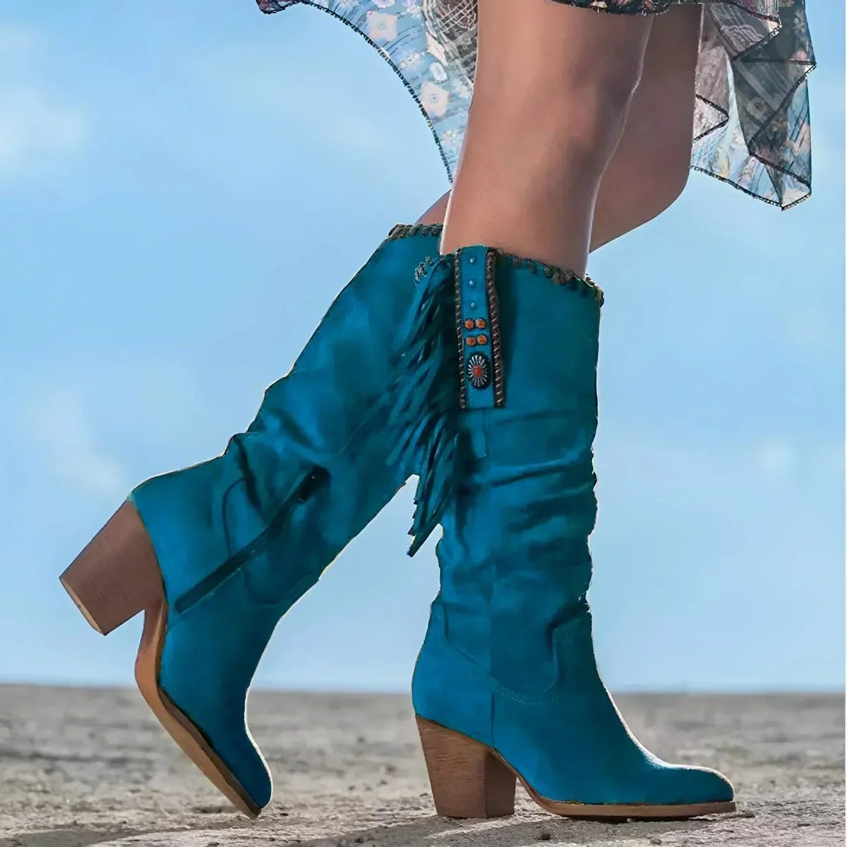 Blue Women's Suede Fringe Knee High Cowboy Boots with Block Heel — Zoey