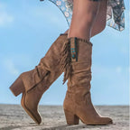 Brown Women's Suede Fringe Knee High Cowboy Boots with Block Heel — Zoey