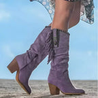 Purple Women's Suede Fringe Knee High Cowboy Boots with Block Heel — Zoey