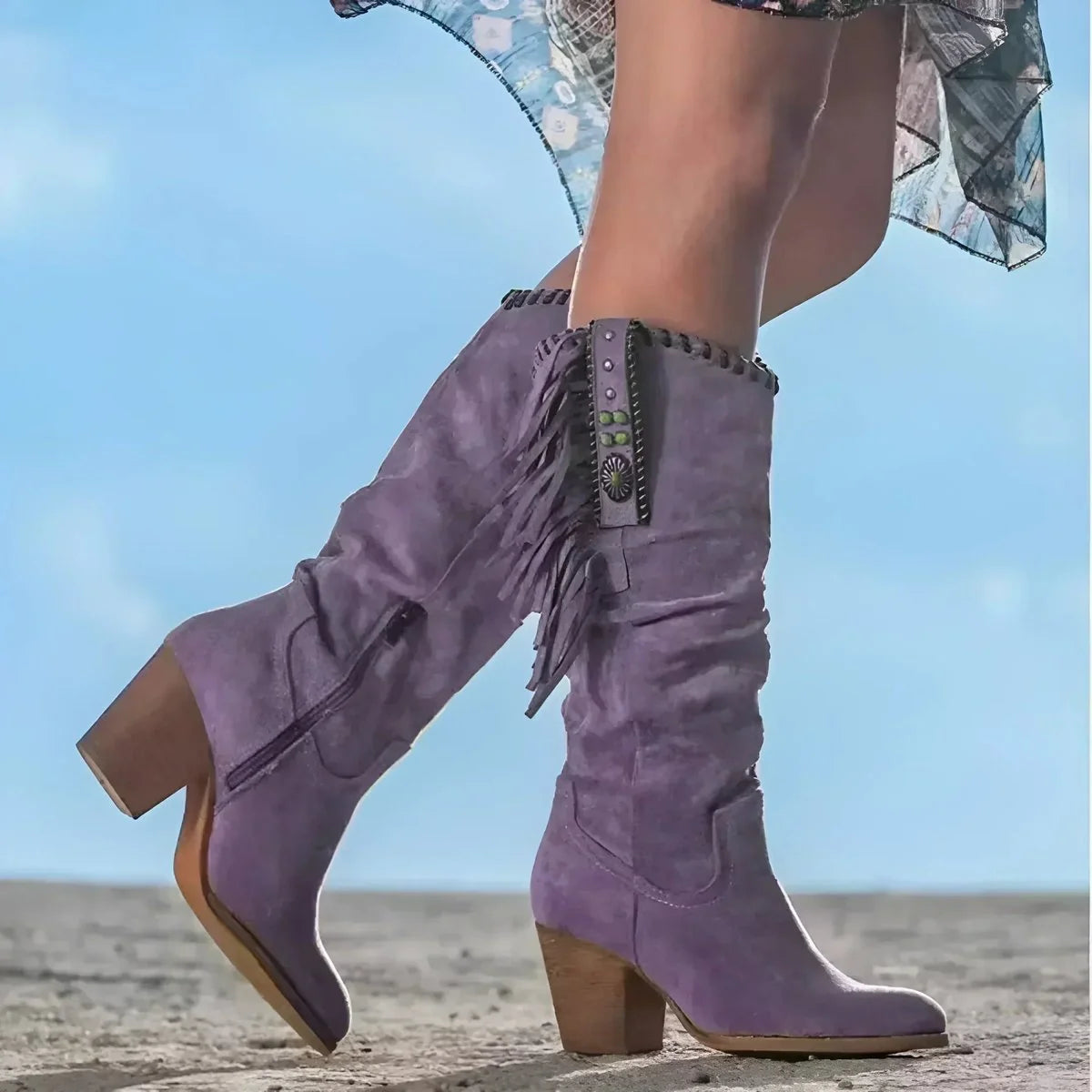 Purple Women's Suede Fringe Knee High Cowboy Boots with Block Heel — Zoey