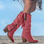 Red Women's Suede Fringe Knee High Cowboy Boots with Block Heel — Zoey