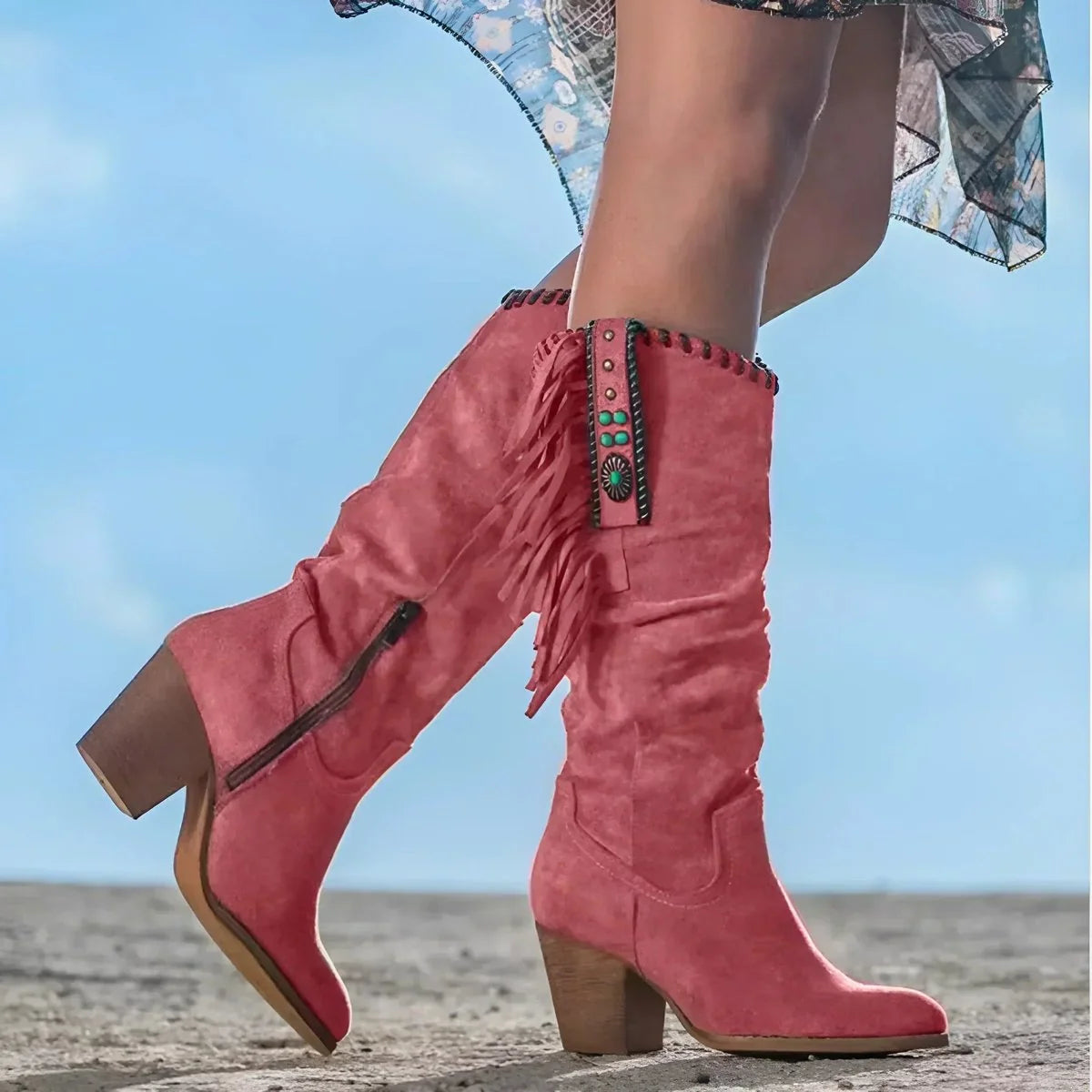 Red Women's Suede Fringe Knee High Cowboy Boots with Block Heel — Zoey