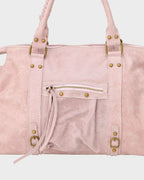 Light Pink Women's Pink Handbag with Suede Satchel Silhouette & Fringe Trim — Harriet - Pocket Detail