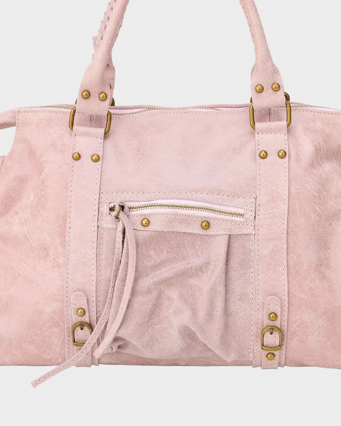Light Pink Women's Pink Handbag with Suede Satchel Silhouette & Fringe Trim — Harriet - Pocket Detail