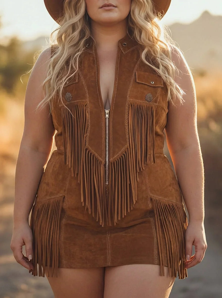 Brown Women's Brown Suede Jumpsuit — Liv Fringe Western High-Waisted - Close Up Bodice Detail