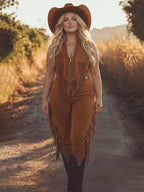 Brown Women's Brown Suede Jumpsuit — Liv Fringe Western High-Waisted - Front Close Standing