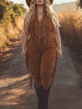 Women's Brown Suede Jumpsuit — Liv Fringe Western High-Waisted