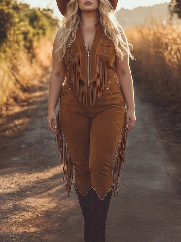 Brown Women's Brown Suede Jumpsuit — Liv Fringe Western High-Waisted - Front Full Walking