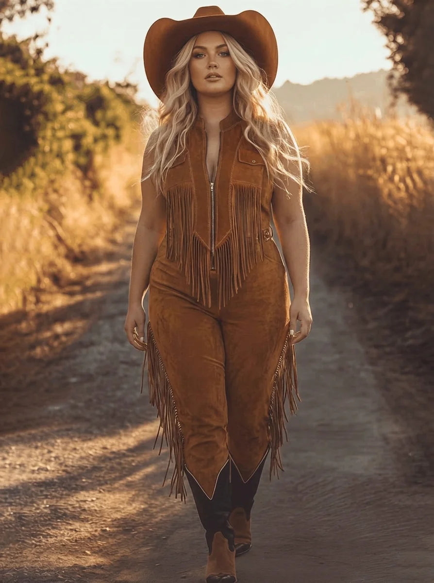 Brown Women's Brown Suede Jumpsuit — Liv Fringe Western High-Waisted - Front Medium Pose