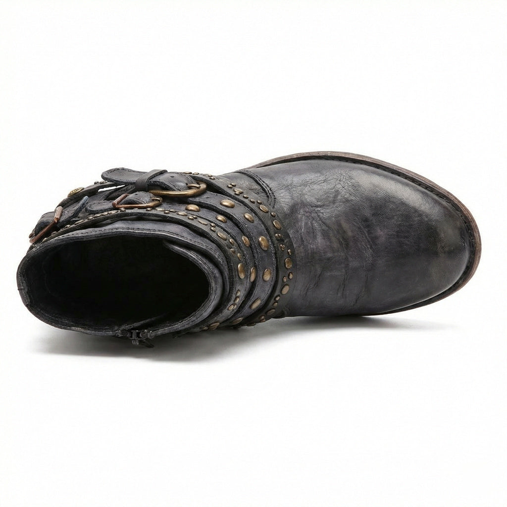Women's Vintage Chain Boots with Studded Buckle Straps for a Relaxed Fit — Mae