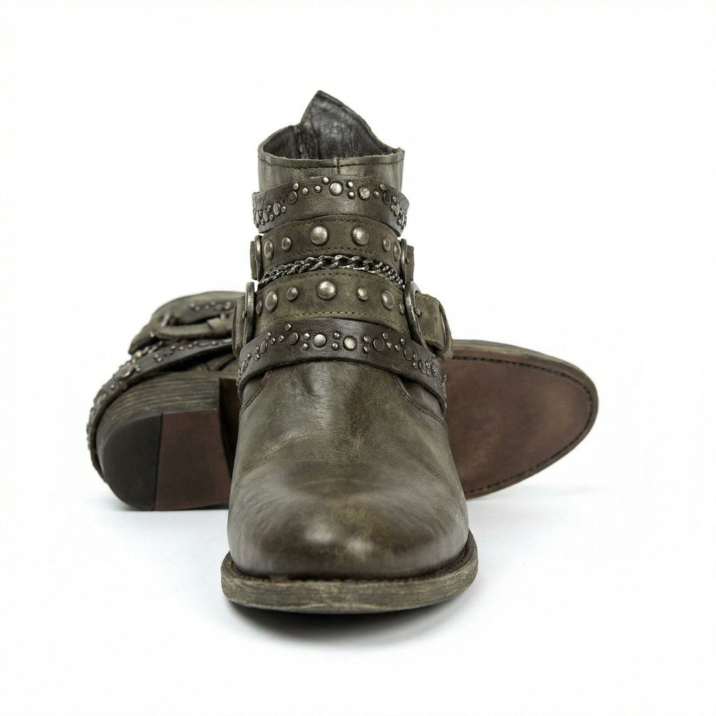 Women's Vintage Chain Boots with Studded Buckle Straps for a Relaxed Fit — Mae