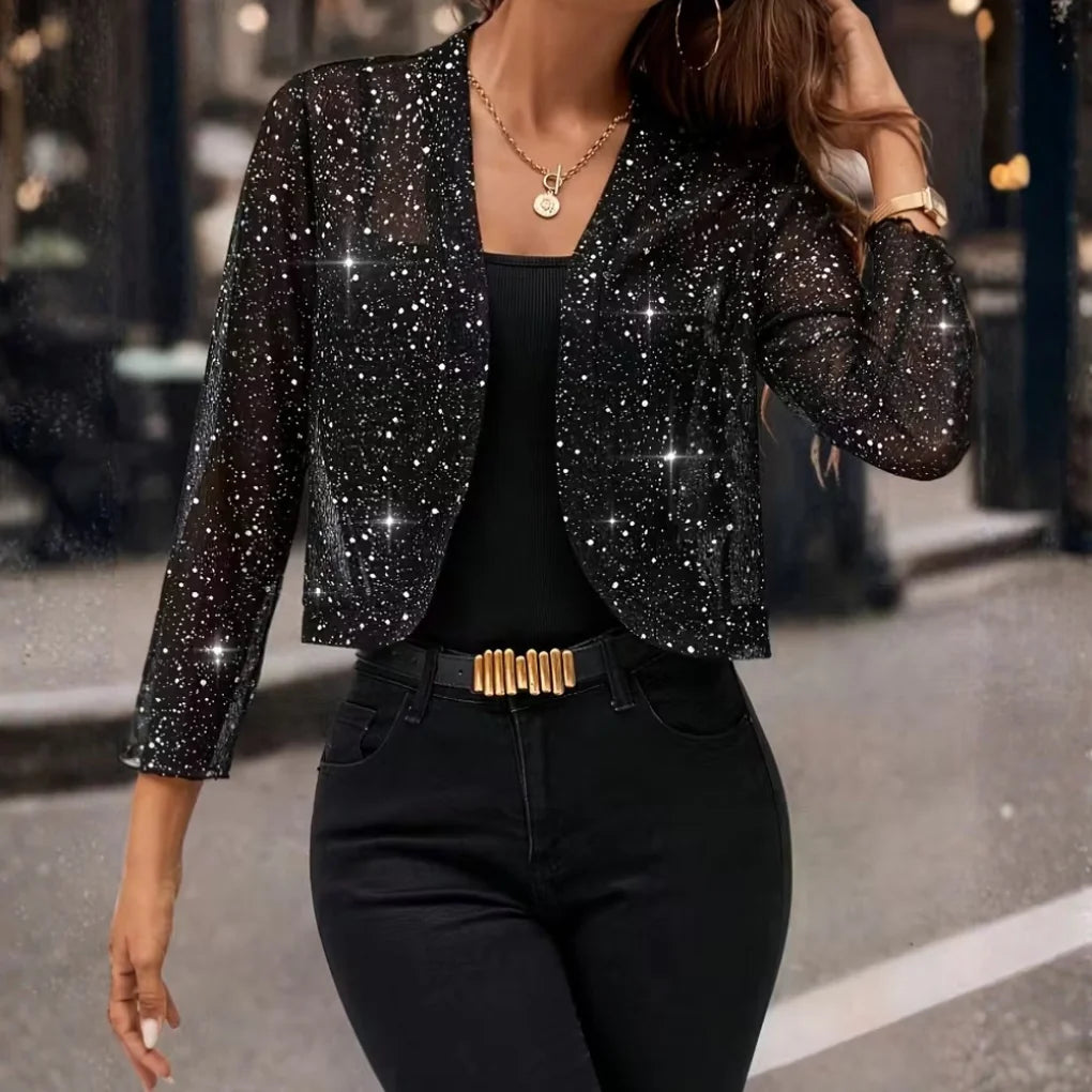 Multicolor Women's Glitter Sequin Cardigan Jacket — Maddie Cropped Open-Front Evening - Front Close Jewelry Detail