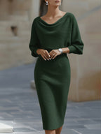Women's Round Neck Midi Dress with Batwing Sleeves & Back Zip — Kira