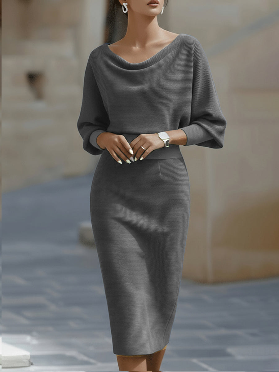 Women's Round Neck Midi Dress with Batwing Sleeves & Back Zip — Kira