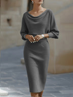 Women's Round Neck Midi Dress with Batwing Sleeves & Back Zip — Kira