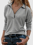 Gray Women's Collared Zip-Up Sweatshirt — India Half-Zip Relaxed-Fit Long Sleeve - Front Detail