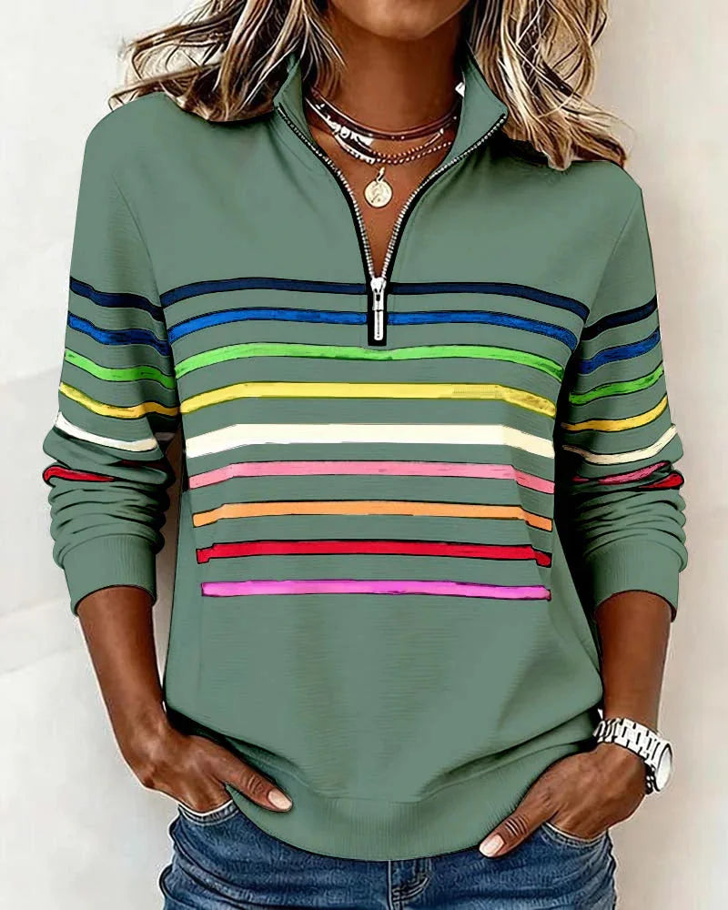 Green Women's Striped Half Zip Hoodie with Stand Collar & Relaxed Fit