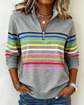 Women's Striped Half Zip Hoodie with Stand Collar & Relaxed Fit — Nova