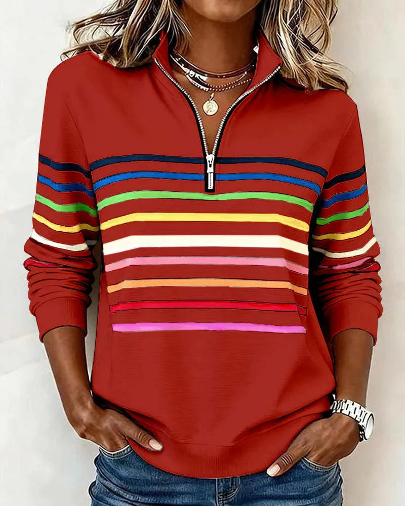 Red Women's Striped Half Zip Hoodie with Stand Collar & Relaxed Fit
