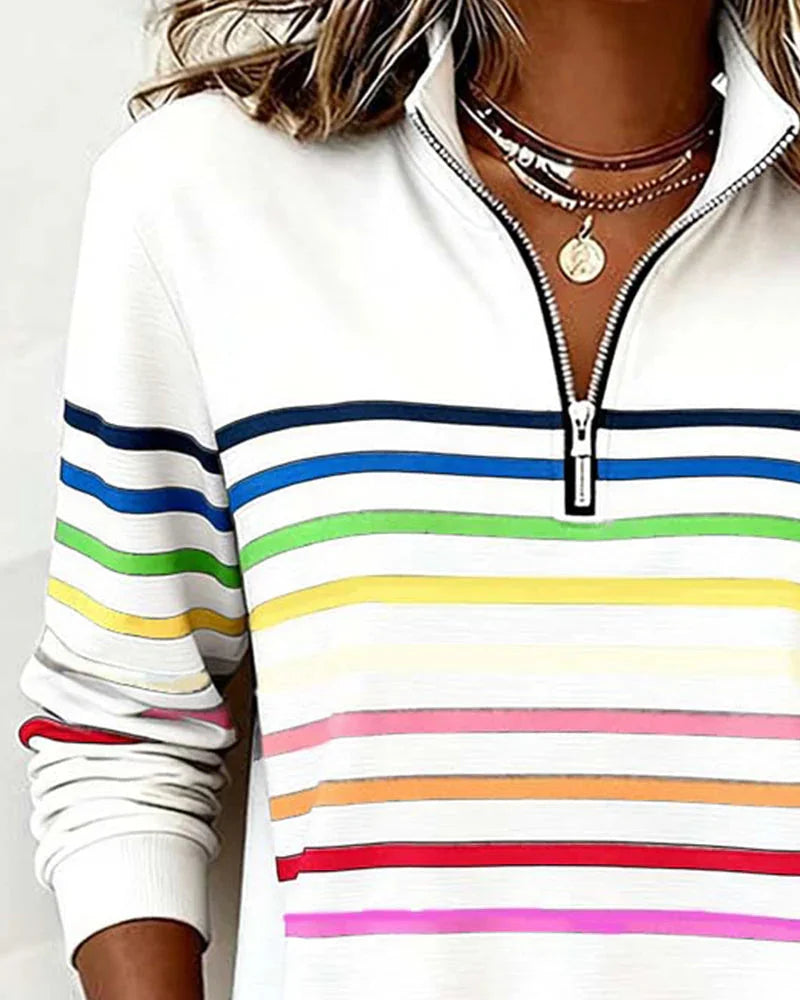 Women's Striped Half Zip Hoodie with Stand Collar & Relaxed Fit - Close Up Neckline