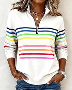 White Women's Striped Half Zip Hoodie with Stand Collar & Relaxed Fit - Front Pose