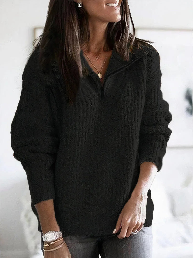 Black Women's Half Zip Sweater with Textured Knit & Relaxed Fit