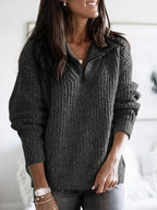 Dark Grey Women's Half Zip Sweater with Textured Knit & Relaxed Fit