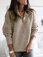 Khaki Women's Half Zip Sweater with Textured Knit & Relaxed Fit