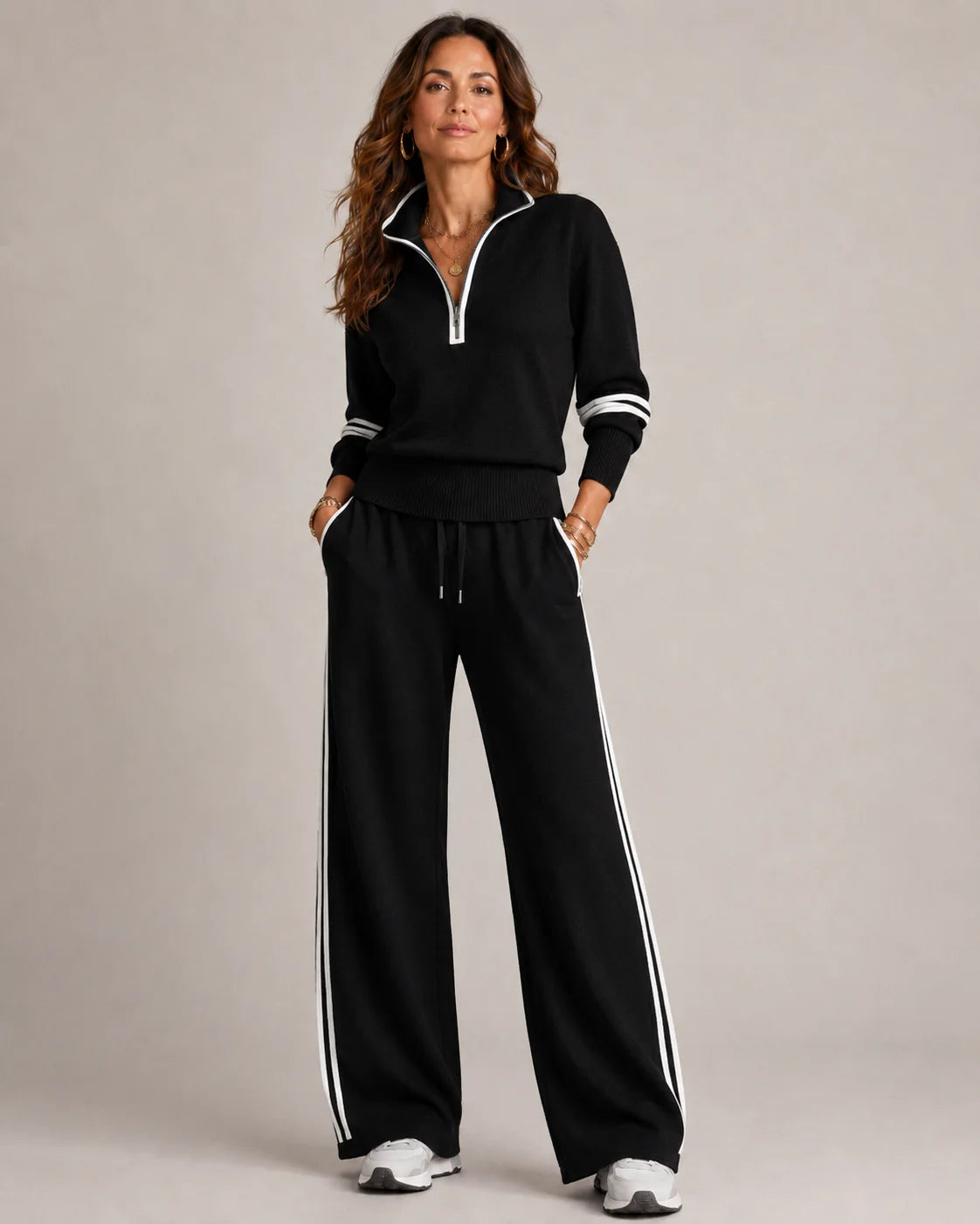 Black Women's Half-Zip Striped Two-Piece Set — Skylar Zip-Up Wide-Leg Loungewear - Front Studio Pose