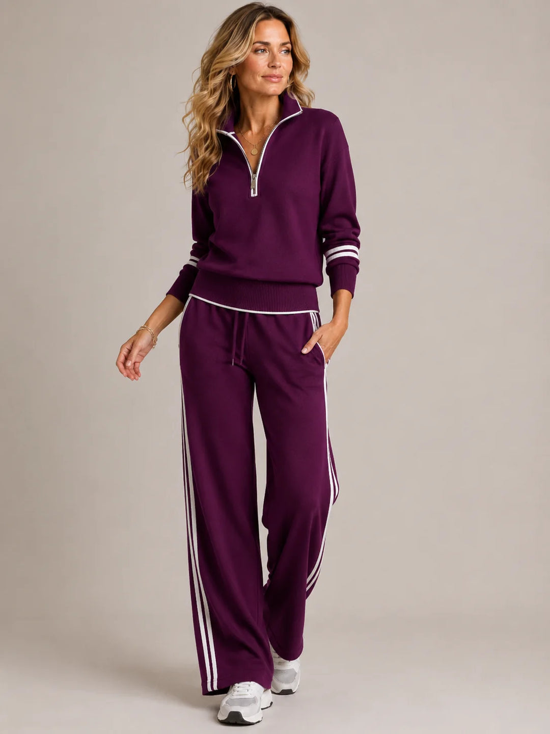 Purple Women's Half-Zip Striped Two-Piece Set — Skylar Zip-Up Wide-Leg Loungewear - Front Walking Pose