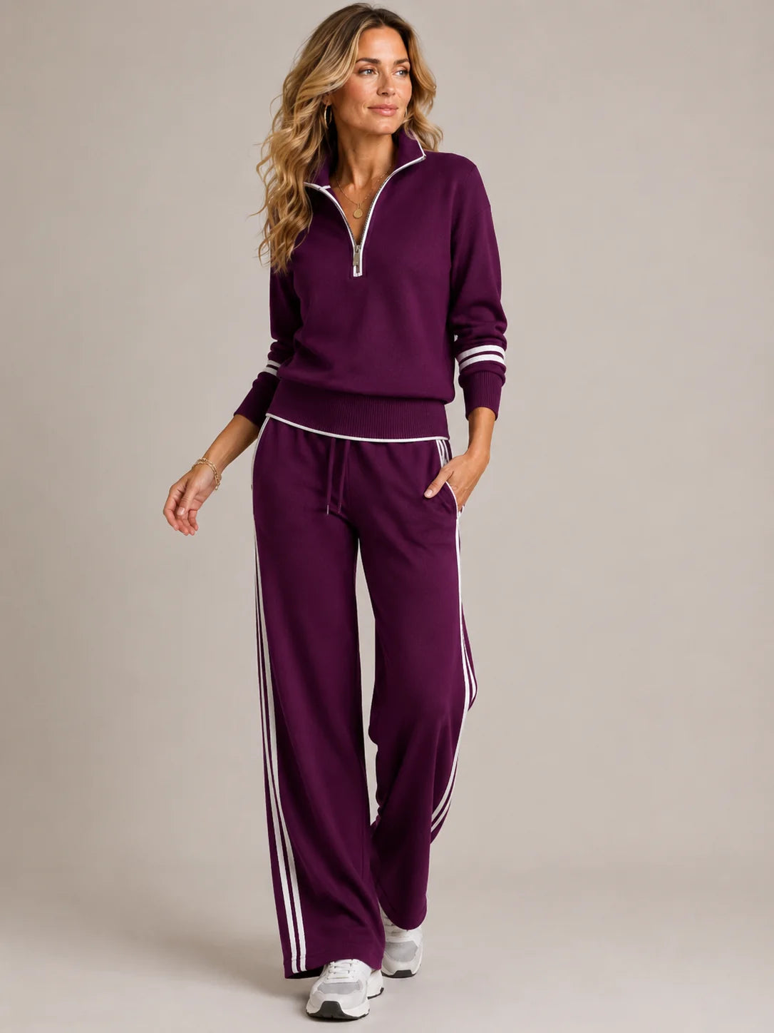 Purple Women's Half-Zip Striped Two-Piece Set — Skylar Zip-Up Wide-Leg Loungewear - Front Walking Pose