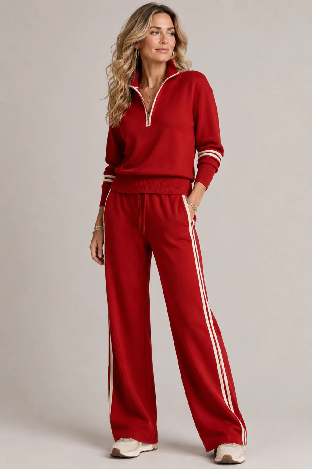 Red Women's Half-Zip Striped Two-Piece Set — Skylar Zip-Up Wide-Leg Loungewear - Front Side Glance