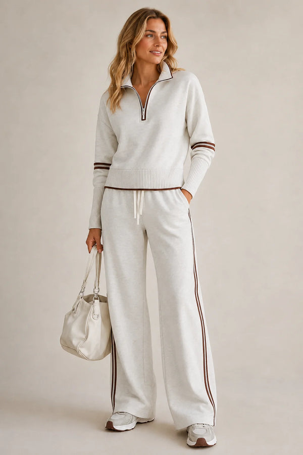 White Women's Half-Zip Striped Two-Piece Set — Skylar Zip-Up Wide-Leg Loungewear - Front Full Pose