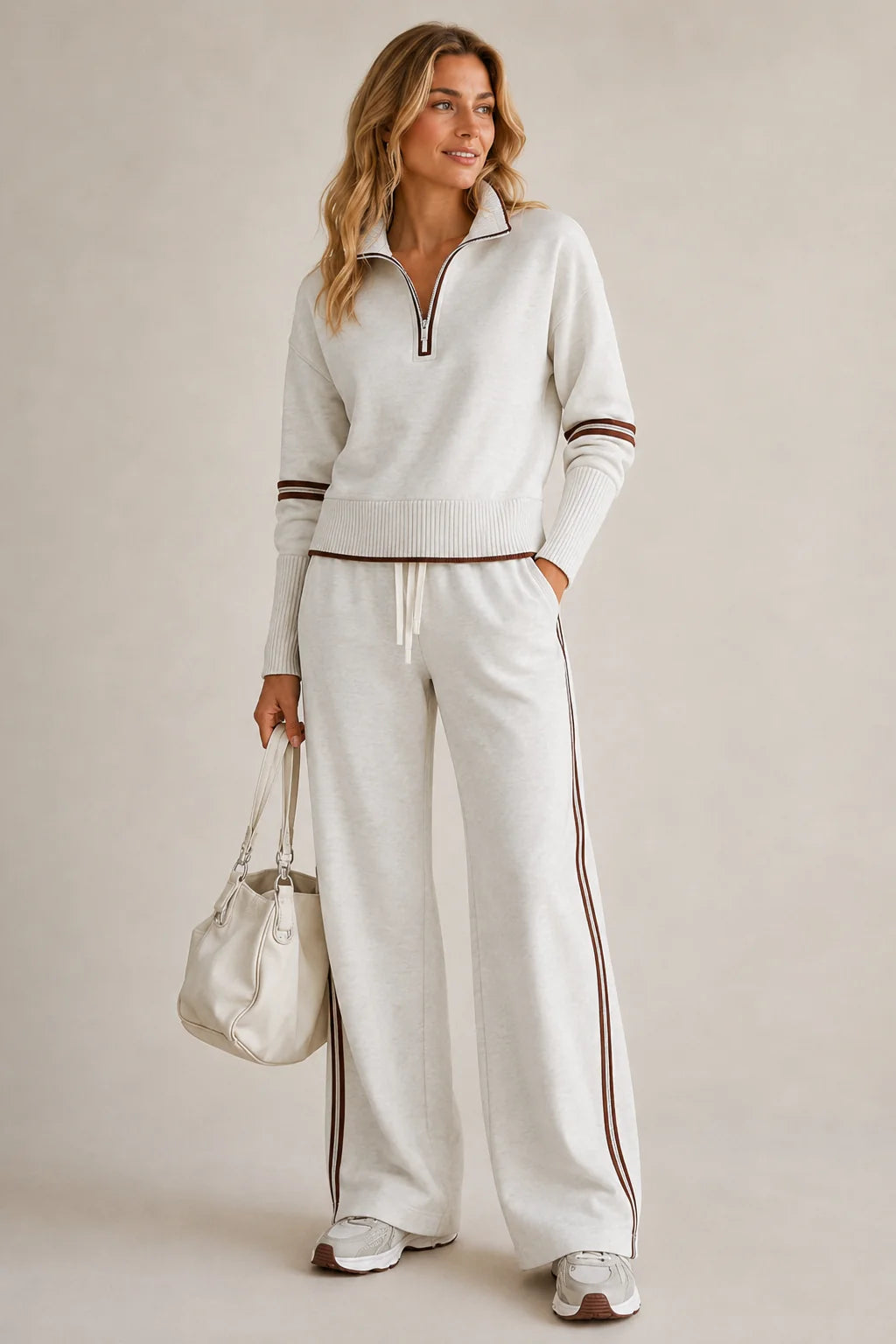 White Women's Half-Zip Striped Two-Piece Set — Skylar Zip-Up Wide-Leg Loungewear - Front Full Pose