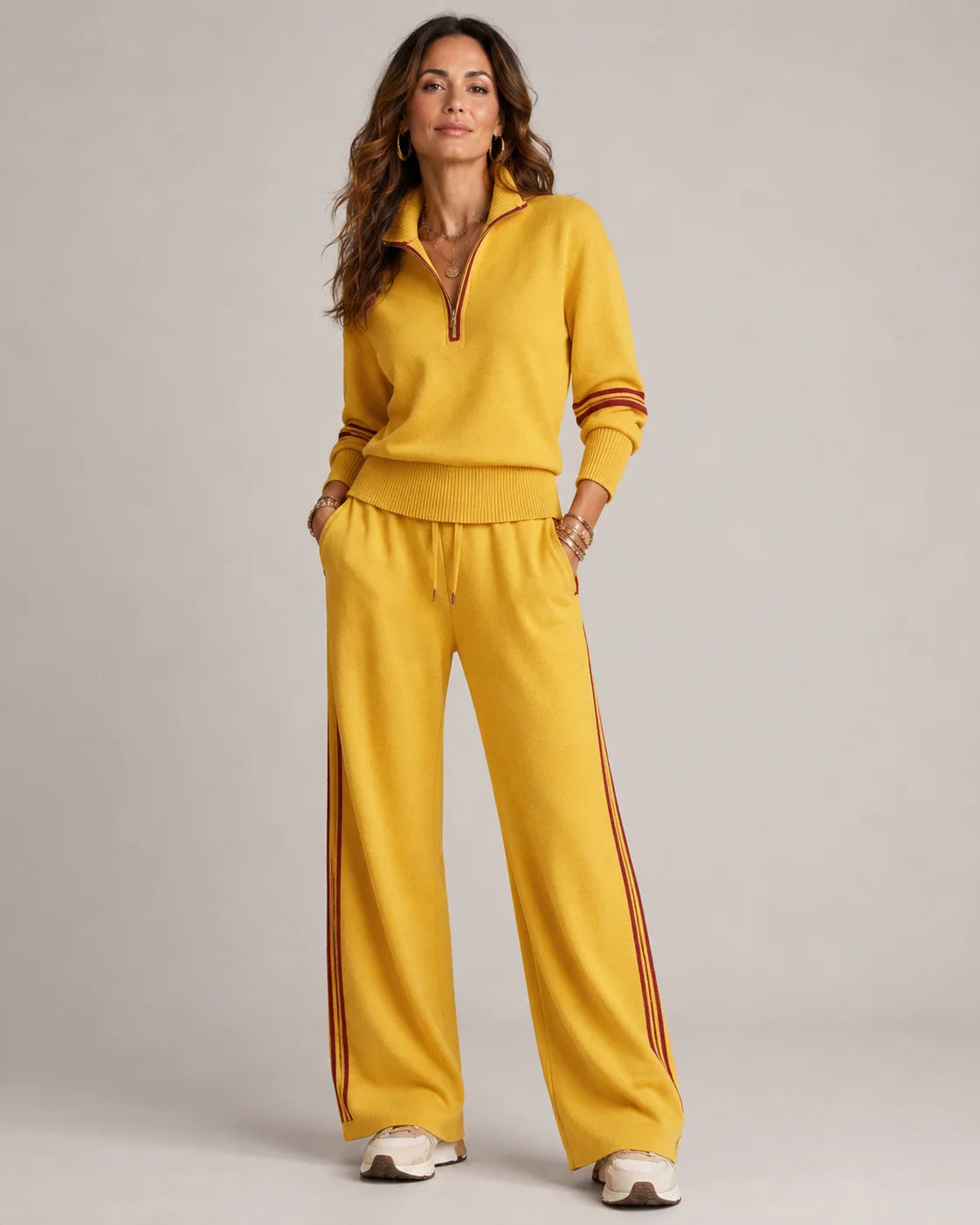 Yellow Women's Half-Zip Striped Two-Piece Set — Skylar Zip-Up Wide-Leg Loungewear - Front Hands Pockets