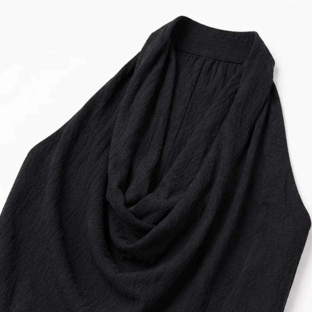 Black Women's Halter Neck Jumpsuit with Cowl Neckline & Wide-Leg Pockets — Marlow - Close Up Neckline