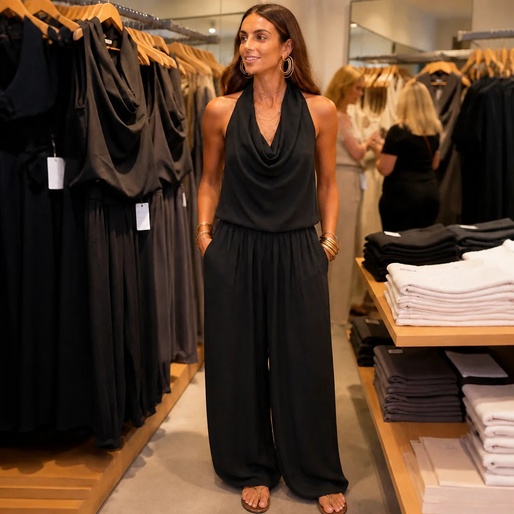Black Women's Halter Neck Jumpsuit with Cowl Neckline & Wide-Leg Pockets — Marlow - Front Full Store Alt