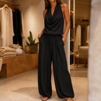 Black Women's Halter Neck Jumpsuit with Cowl Neckline & Wide-Leg Pockets — Marlow - Front Full Store