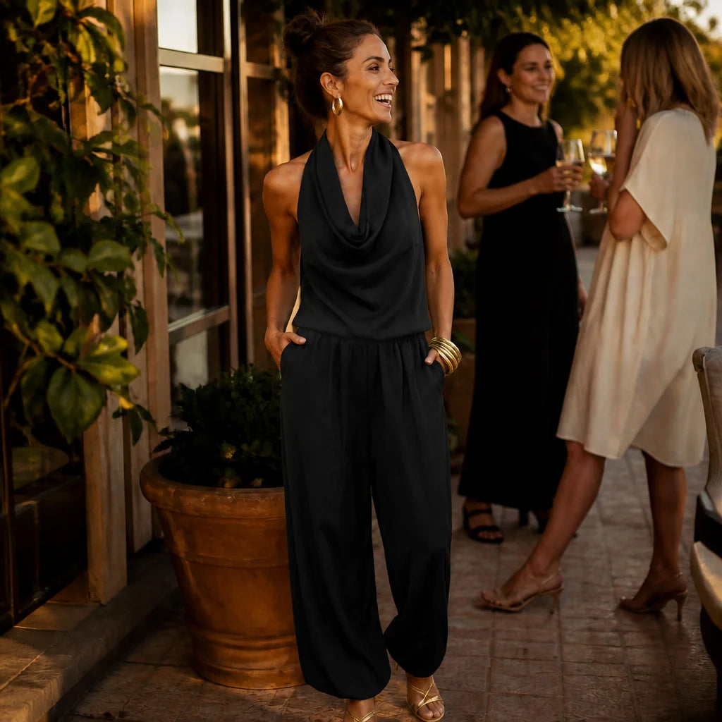 Black Women's Halter Neck Jumpsuit with Cowl Neckline & Wide-Leg Pockets — Marlow - Outdoor Evening Group