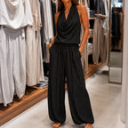 Black Women's Halter Neck Jumpsuit with Cowl Neckline & Wide-Leg Pockets — Marlow