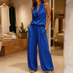 Blue Women's Halter Neck Jumpsuit with Cowl Neckline & Wide-Leg Pockets