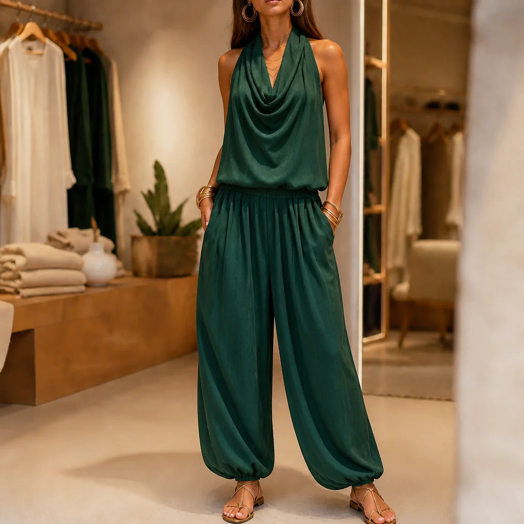 Green Women's Halter Neck Jumpsuit with Cowl Neckline & Wide-Leg Pockets — Marlow