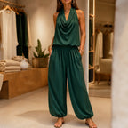 Green Women's Halter Neck Jumpsuit with Cowl Neckline & Wide-Leg Pockets — Marlow