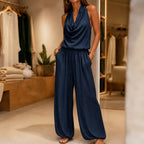 Navy Women's Halter Neck Jumpsuit with Cowl Neckline & Wide-Leg Pockets — Marlow