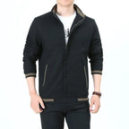 Black Men's Lightweight Harrington Jacket with Stand Collar & Striped Cuffs — Edward